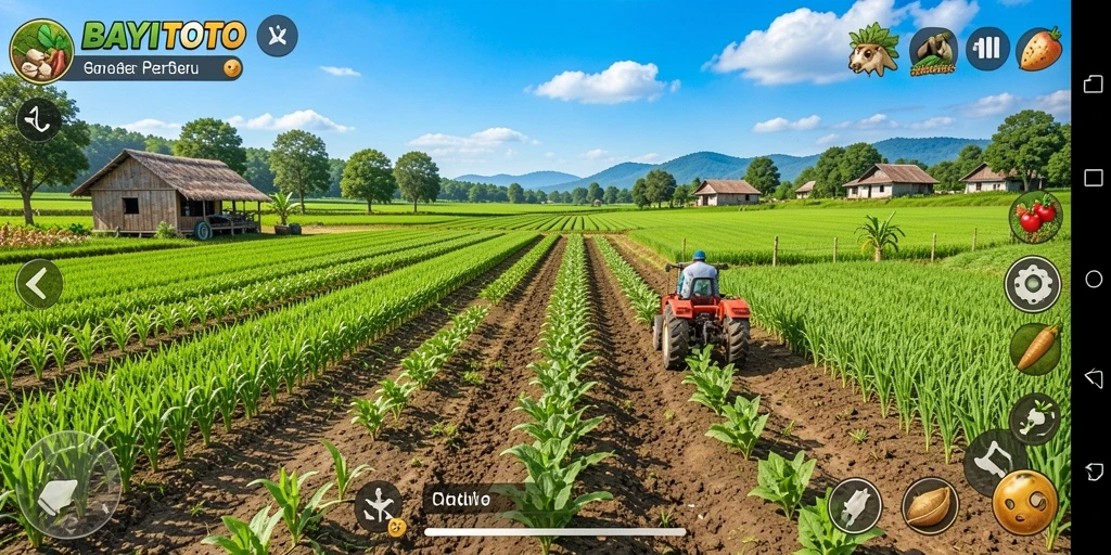 Screenshot utama gameplay BAYITOTO dengan pemandangan pertanian yang indah.