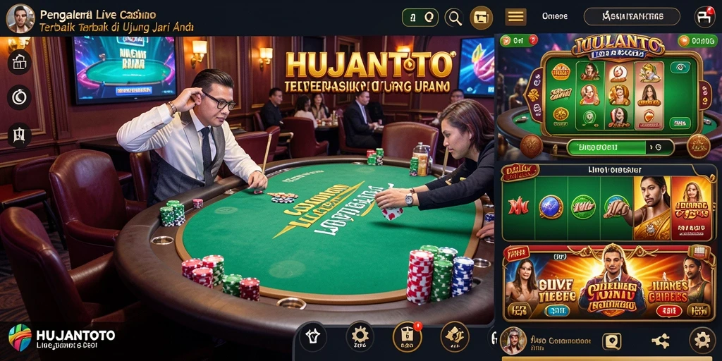 Tangkapan layar gameplay HUJANTOTO yang menampilkan dealer langsung dan permainan kasino.