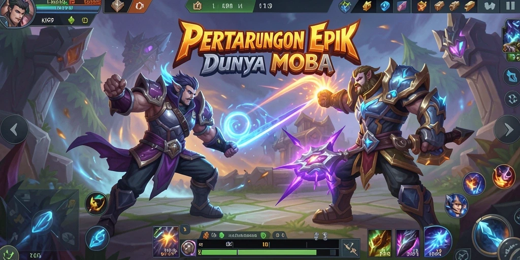 Screenshot utama KKRP menampilkan intesitas pertarungan MOBA yang seru.