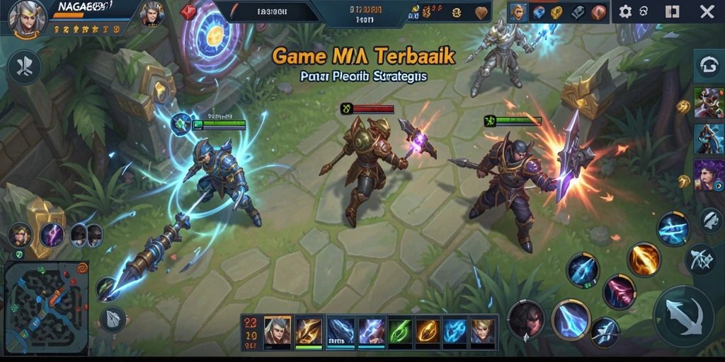 Screenshot menunjukkan aksi pertarungan seru dalam gameplay MOBA NAGA889.