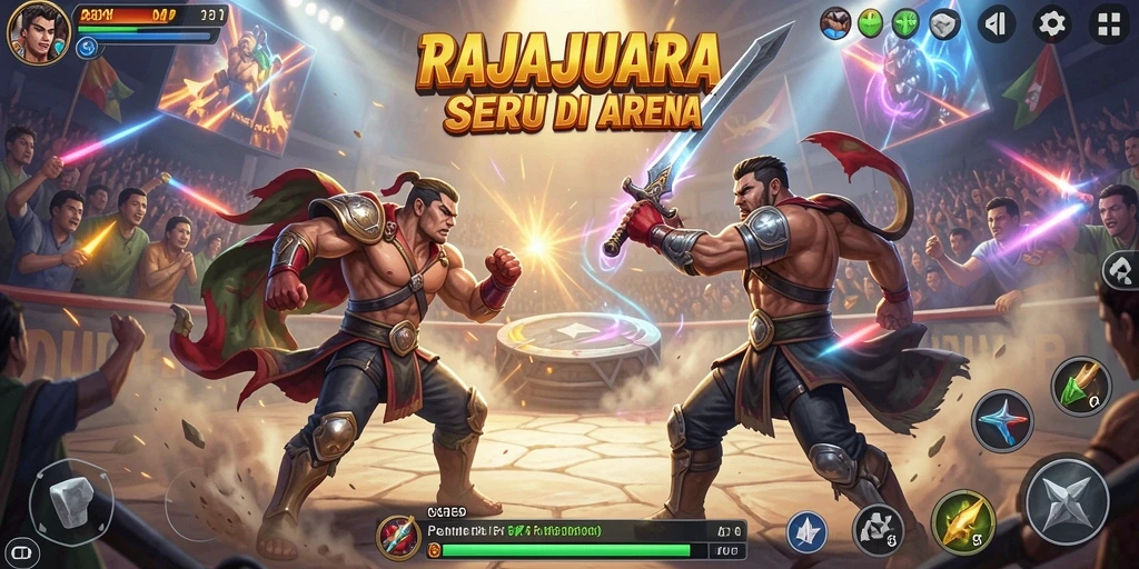 Screenshot gameplay RAJAJUARA menunjukkan pertarungan mendebarkan di arena.