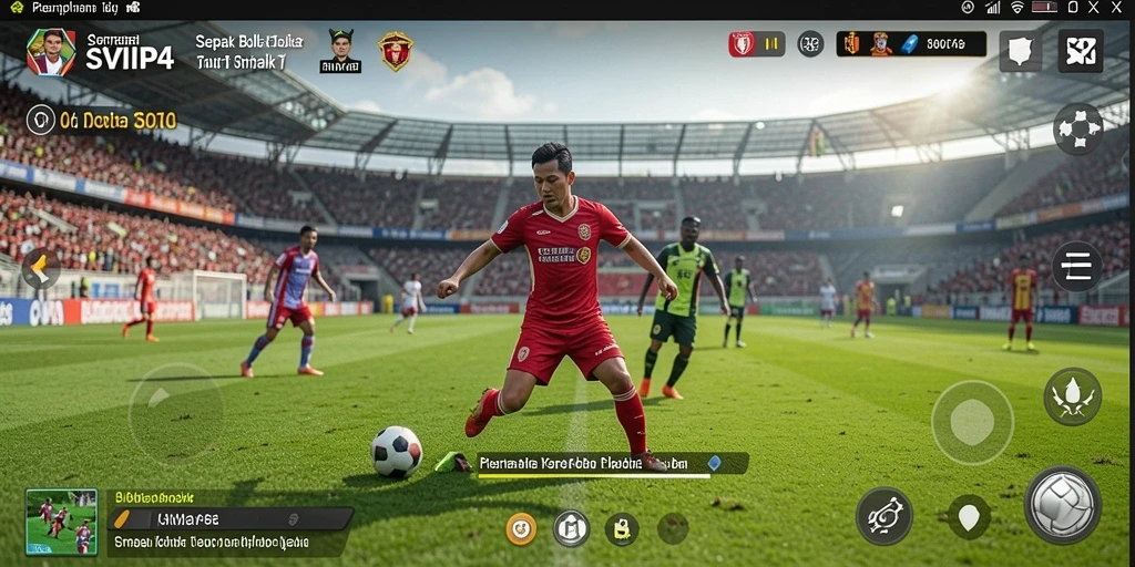 Screenshot utama SVIP4 menunjukkan aksi seru dalam permainan sepak bola.